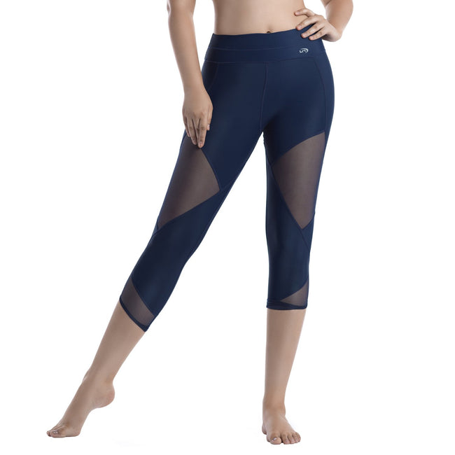 Womens Running Tights Mid-Waist 3/4 Length Tummy Control Mesh