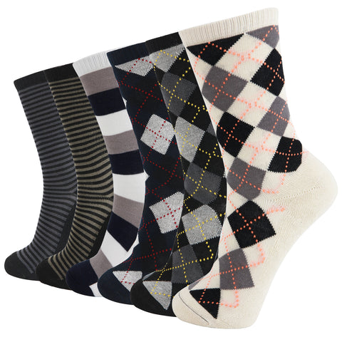 MD 6 Pairs Bamboo Moisture Wicking Argyle Strip Dress Socks