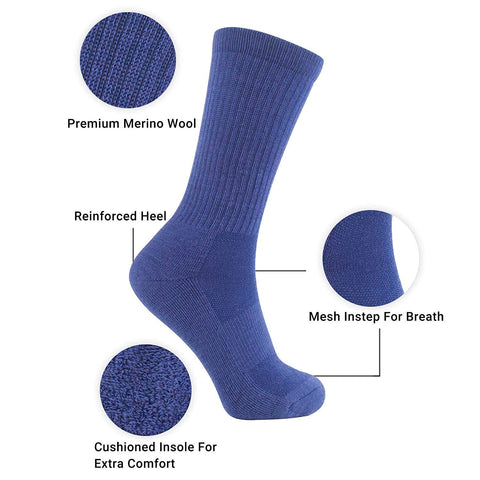 MD Merino Wool Thermal Winter Hiking Crew Socks Cushioned