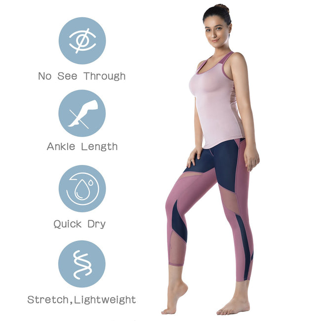 Yoga Basic Marled Mid-Calf Length Yoga Leggings Contrast Mesh Wide  Waistband Sports Leggings