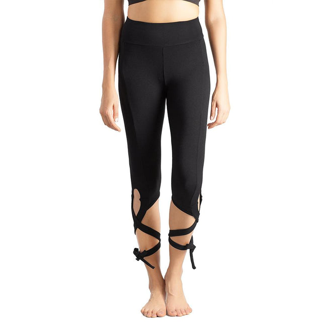 High Waisted Cut-Out Tie Cuff Active Yoga Pants Sport Capri Black