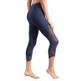 Womens Running Tights Mid-Waist 3/4 Length Tummy Control Mesh Leggings